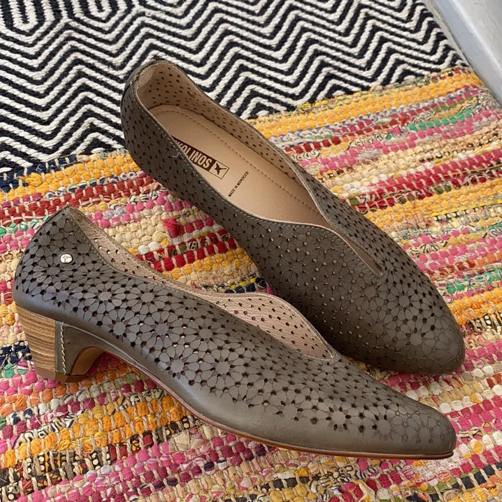 PIKOLINOS Olive Green Perforated Leather Flats